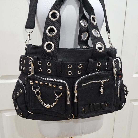 Y2K Style Punk Goth Voodoo Vixen Grommet O-Ring Black Silver Buckle Purse Bag - Picture 2 of 12